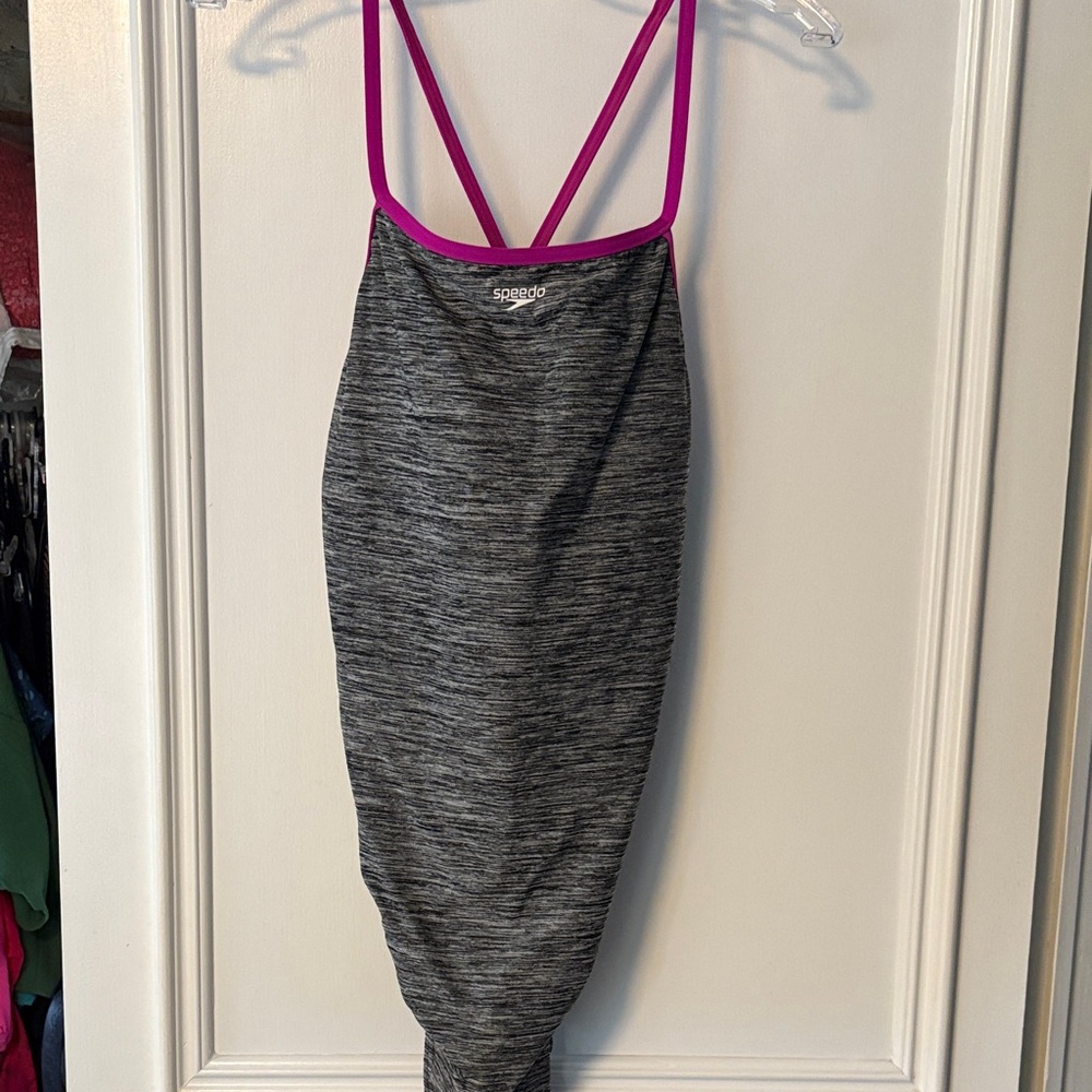 Speedo Heathered Black Swimsuit with Pink Straps